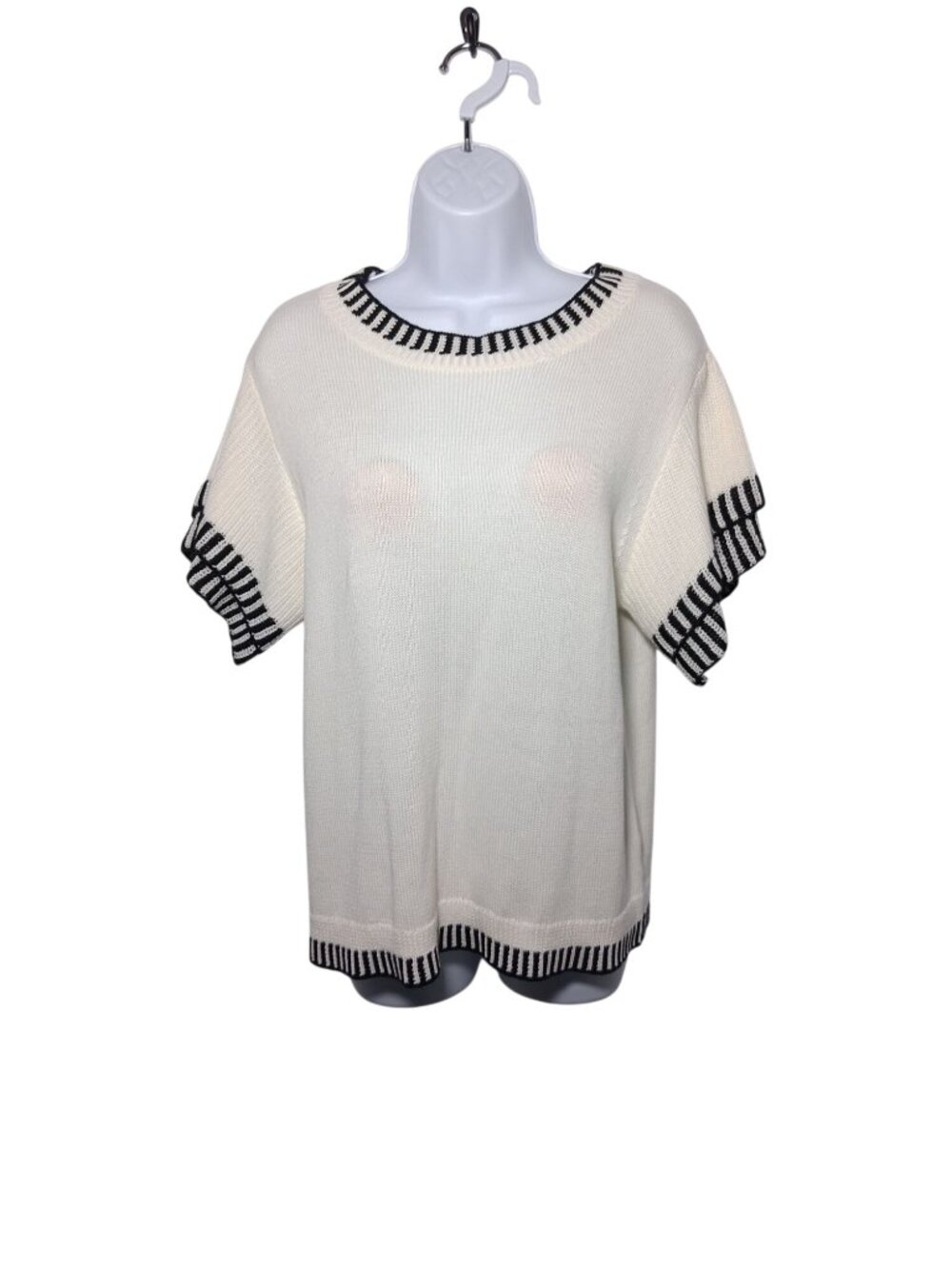 Striped Trim Womens Knit Top Short Sleeve White & Black